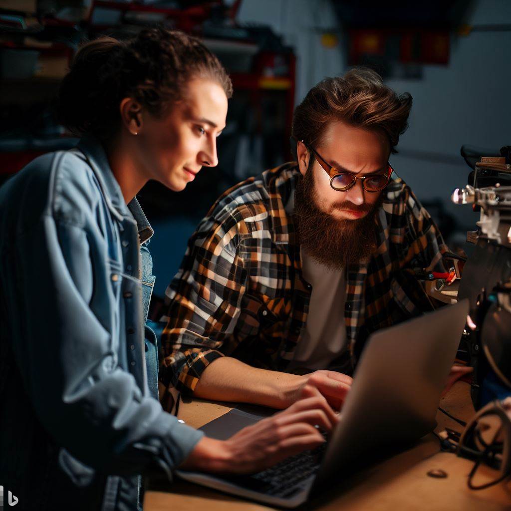 Two people working together in a laptor inside a garage