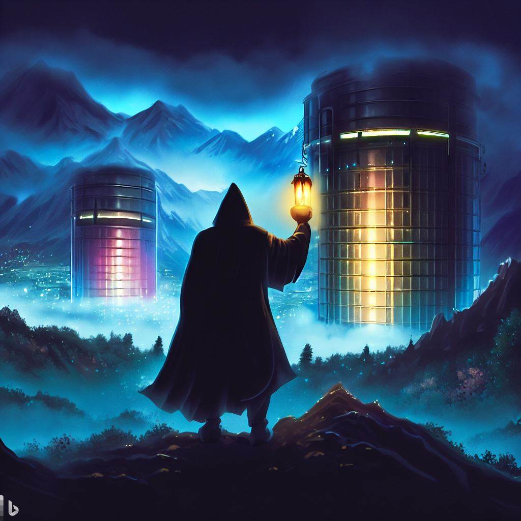 Ilustration showing a city with high buildings and a hacker with a lantern
